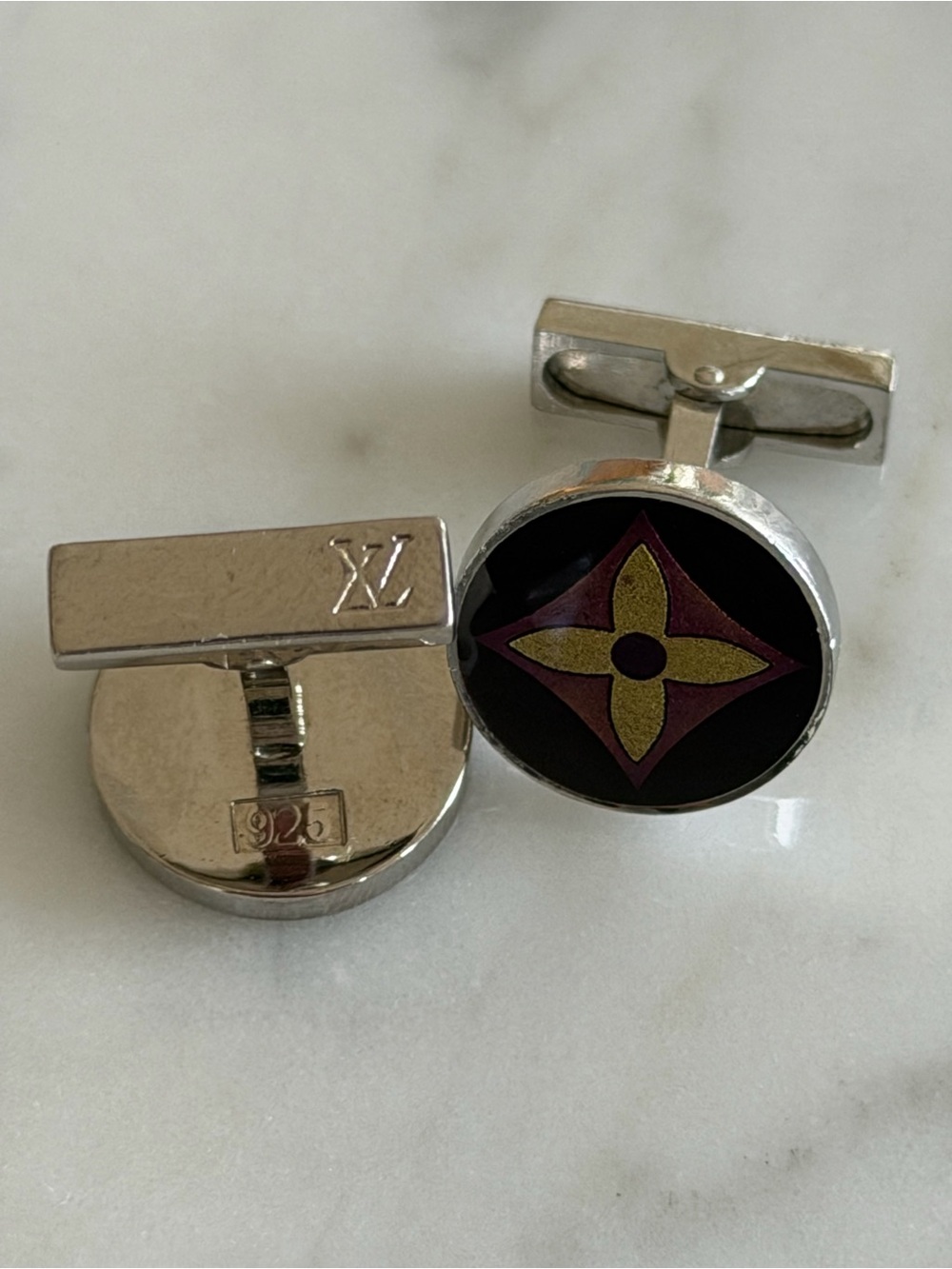 Louis Vuitton Sterling Silver Cufflinks — Rare Vintage Monogram Flower Design